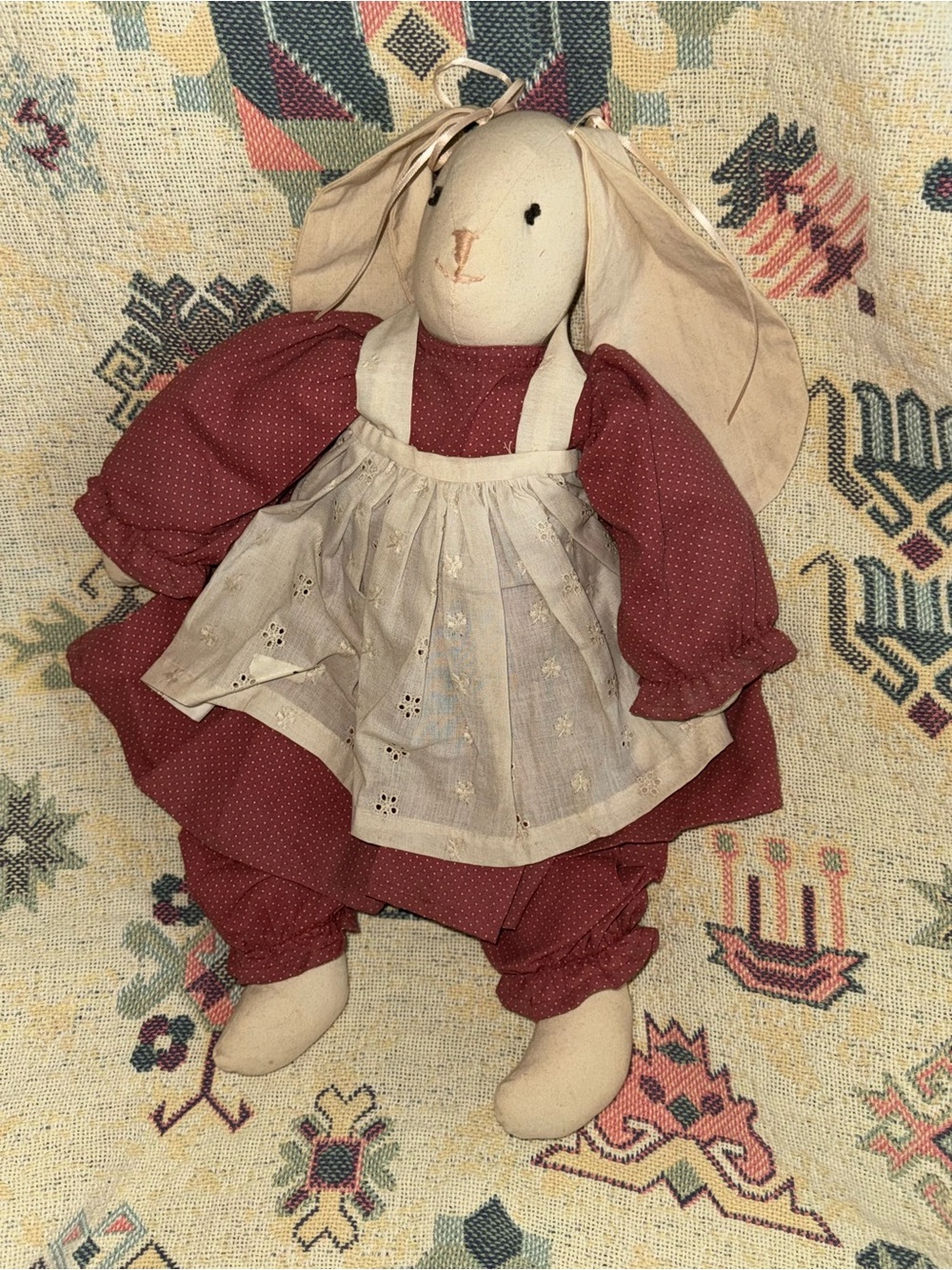 Handmade Plush Bunny Doll in Dusty Rose with Cream Apron